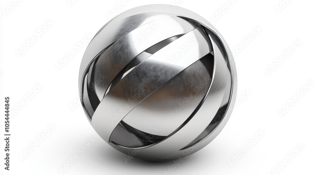 Poster abstract metal sphere with reflective strips isolated on white background for design and technology 