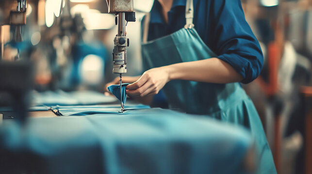 Seamstress sewing fabrics in a garment factory, demonstrating craftsmanship and industry, textile work, labour skills