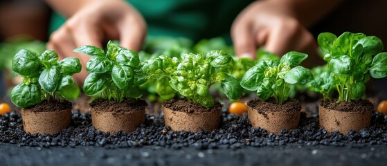 Fototapeta premium A Row of Freshly Planted Green Basil Seedlings in Peat Pots