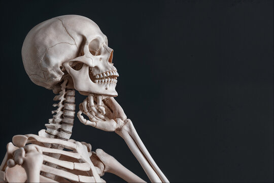Side view of a skeleton model in a thinking posture with hand on jaw against dark background 