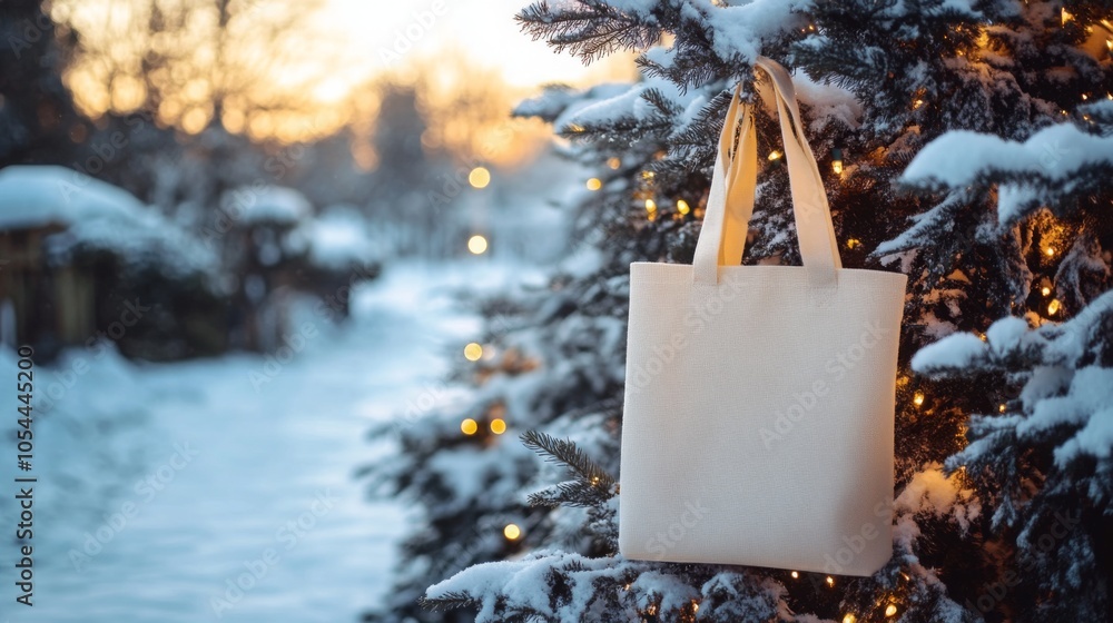 Poster A winter scene captures a snowy path lined with evergreen trees. A simple tote bag hangs from a branch, adorned with soft lights, creating a festive atmosphere at sunset.