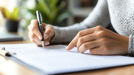 Person signing an insurance policy document at a desk, pen in hand, insurance paperwork, contract signing