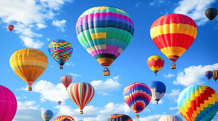 Obraz premium Sky filled with hot air balloons of various colors, floating gently, adventure, colorful sky