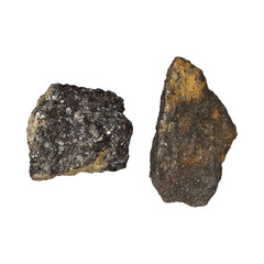 Closeup of a colourful mineral stone under the lights, isolated on a white background