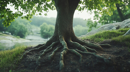 Fototapeta premium Tree with strong roots anchored deep into the ground, symbolizing stability and resilience, strength, foundations