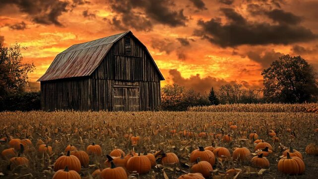 A weathered barn sits in a field of pumpkins against a sunset sky