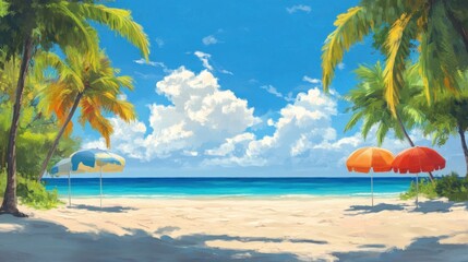 Obraz premium A scenic view of a tropical beach with white sand, turquoise water, and palm trees. Two colorful umbrellas stand on the beach, offering shade from the sun. The sky is bright blue with white clouds.