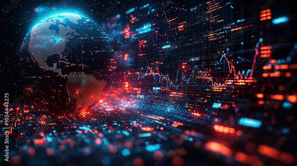 Aufkleber a digital globe illuminated by red and blue lights with a data grid and graphs