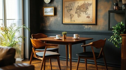 Stylish dining room interior with mock-up poster map, wooden walnut table, design chairs, cup of coffee, decorations, tableware, and elegant personal accessories in home decor template