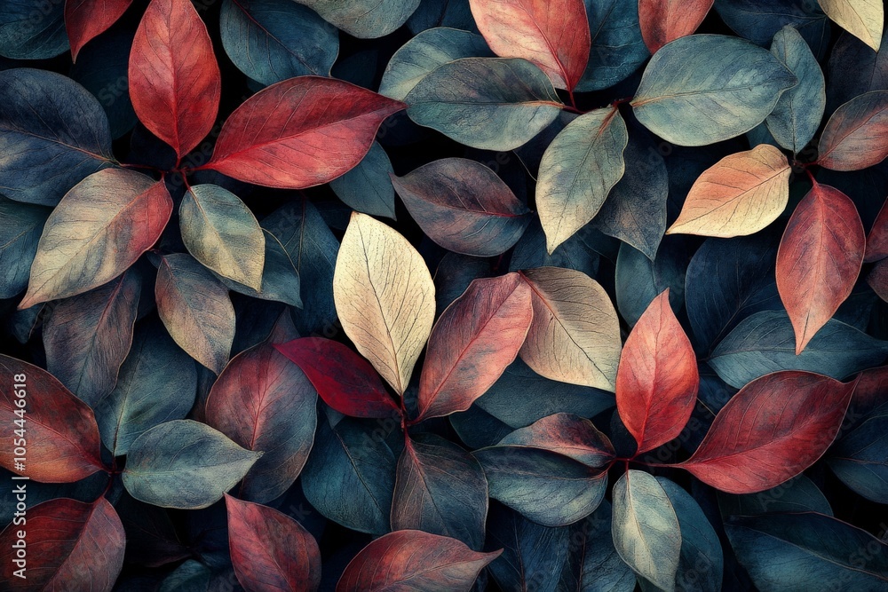 Poster close up view of colorful autumn leaves in blue and maroon hues creating a rich texture and layered 