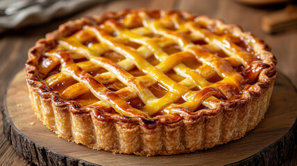 Classic apple pie with a lattice crust on a wooden board.