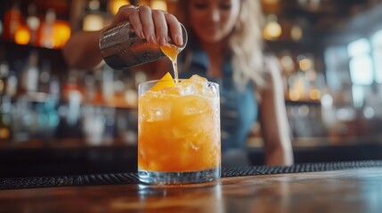 Refreshing cocktail being poured at a vibrant bar setting