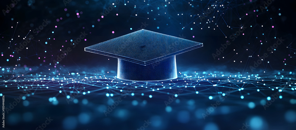 Aufkleber abstract digital art of an open graduation cap made from glowing lines and dots, floating above a ne