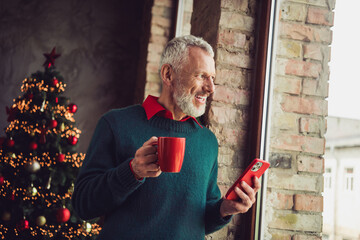 Photo of nice aged man hold coffee smart phone look window wear sweater christmas festive holiday apartment indoors