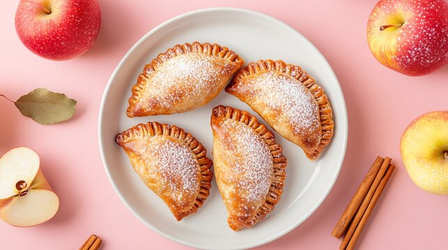 Apple and cinnamon dessert empanadas, arranged on a white dish, isolated on a pastel background, with powdered sugar and cinnamon sticks - Powered by Adobe