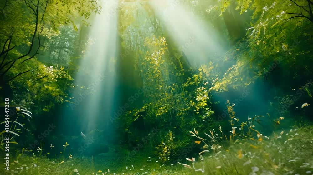 Poster sunlight streams through the dense canopy of a lush forest