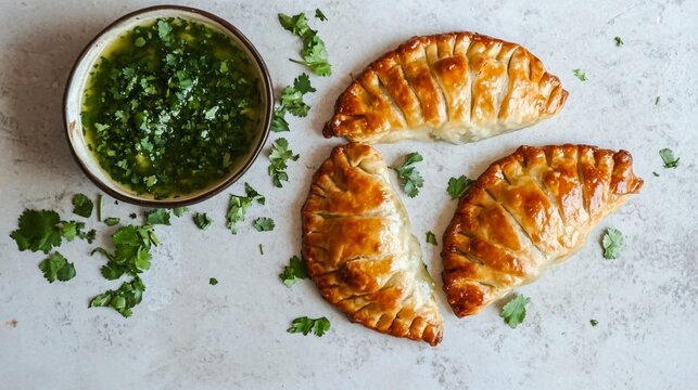 Classic pork empanadas with a flaky crust, isolated on a light slate background, with a side of salsa verde and chopped cilantro