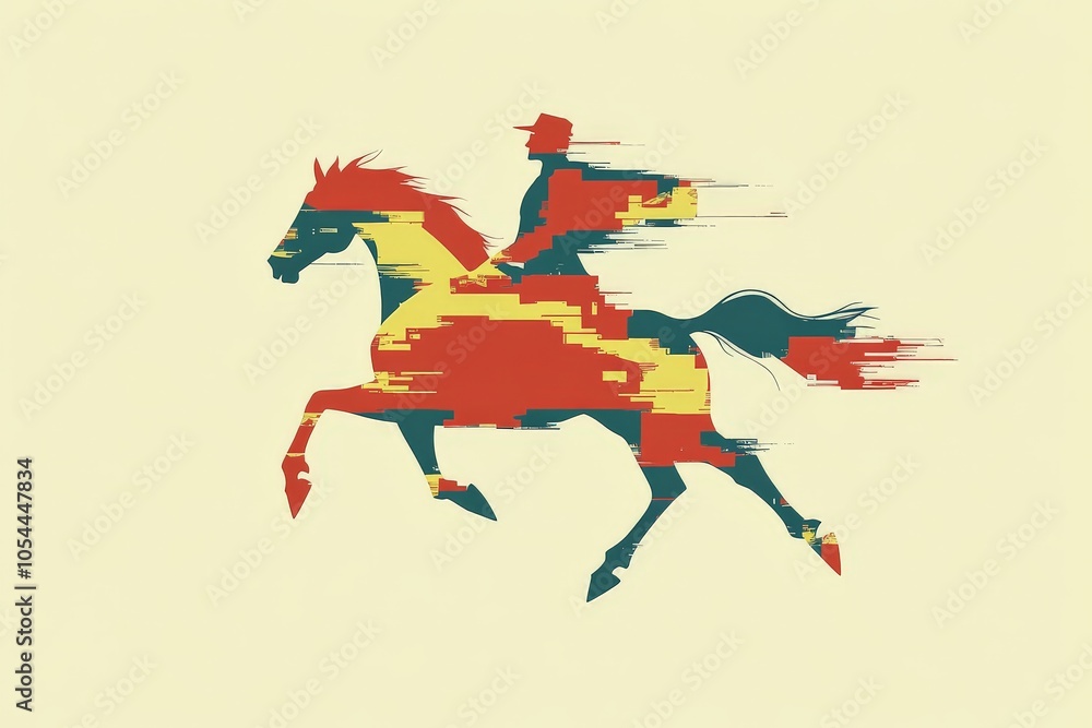 Poster abstract illustration of two riders on horseback in a colorful minimalistic design capturing movemen