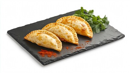 Empanadas filled with chorizo and potatoes, placed on a dark slate board, isolated on a white background, with paprika and cilantro garnish