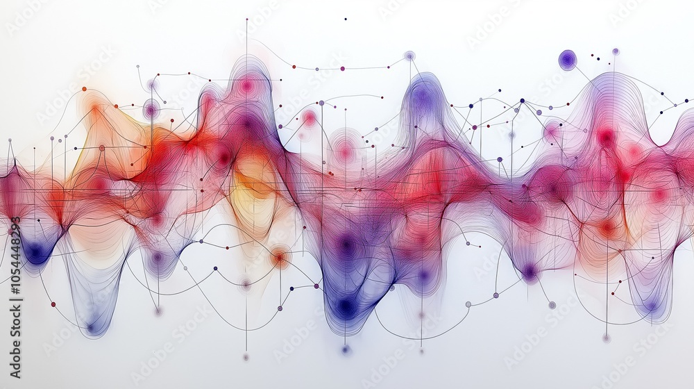 Poster data visualization with flowing wave patterns, symbolizing digital networks, connectivity, and modern information analysis, Generative AI