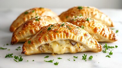 Empanadas filled with melted cheese and mushrooms, isolated on a light marble surface, with scattered parsley and a sprinkle of parmesan