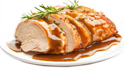 Sliced turkey breast gravy drizzled top, placed white background, studio shot