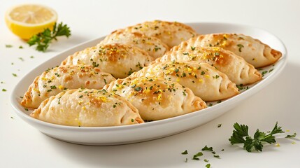 Savory empanadas filled with ricotta and herbs, arranged on a white ceramic dish, isolated on a light background, with fresh parsley and lemon zest