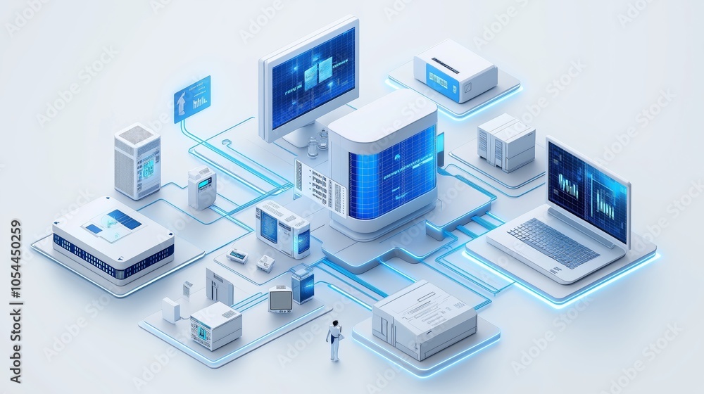 Poster High-tech network infrastructure connecting digital devices and servers in a futuristic data center for enhanced connectivity and cloud solutions, Generative AI