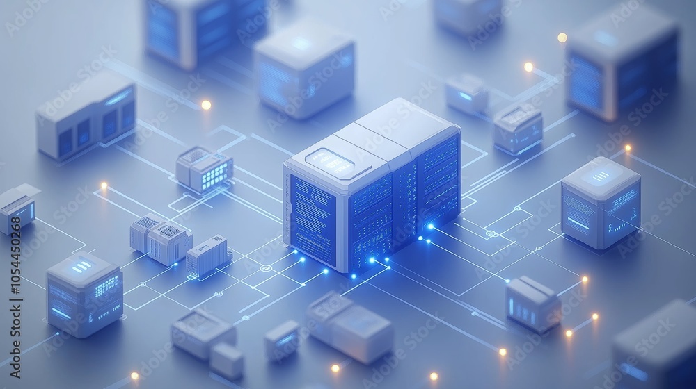 Aufkleber High-tech network infrastructure connecting digital devices and servers in a futuristic data center for enhanced connectivity and cloud solutions, Generative AI