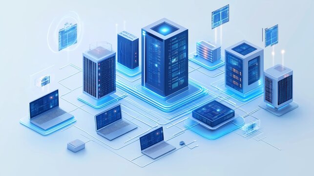 High-tech network infrastructure connecting digital devices and servers in a futuristic data center for enhanced connectivity and cloud solutions, Generative AI