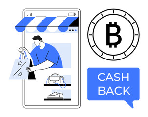 Man holding shopping bags from smartphone screen with storefront, crypto coin symbol, cashback message. Ideal for e-commerce, digital transactions, mobile apps, cryptocurrency, internet shopping