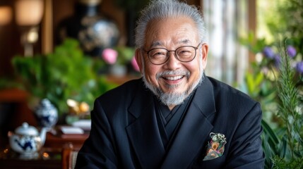 室内で微笑む高齢男性 - リラックスした雰囲気の中での高齢者の幸福と満足感