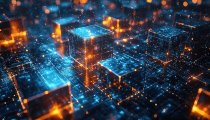 Fototapeta premium Glowing Cubes and Circuitry in a Digital Landscape