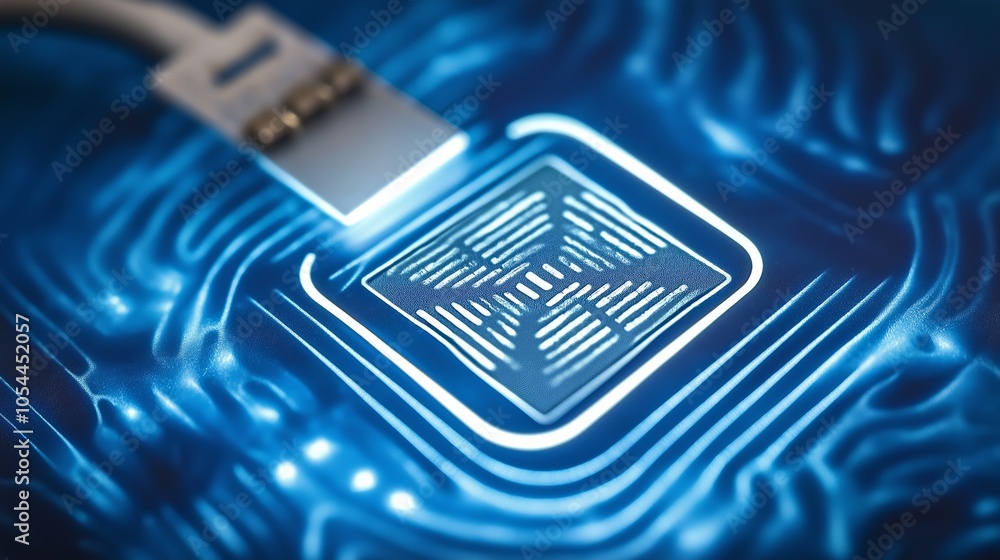 Aufkleber close-up of blue sensor technology on fabric texture, representing modern digital security and futur