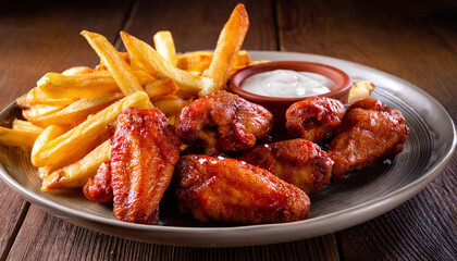 Grilled chicken wings with french fries and sauces on plate, close up