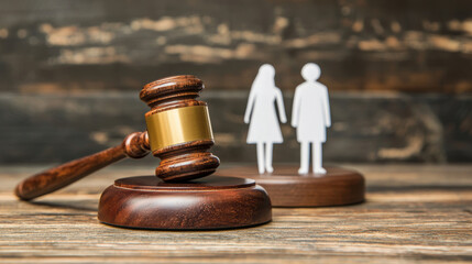 Judge's gavel and two paper figures of man and woman