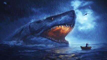 Obraz premium Giant Sea Monster with Sharp Teeth Emerging from Ocean in Dramatic Night Scene, Evoking Horror and Thrilling Adventure, Generative AI