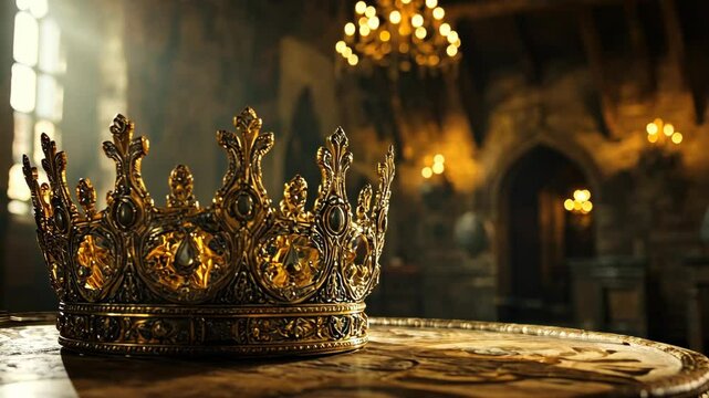 A golden crown sits on a wooden table in a dimly lit room