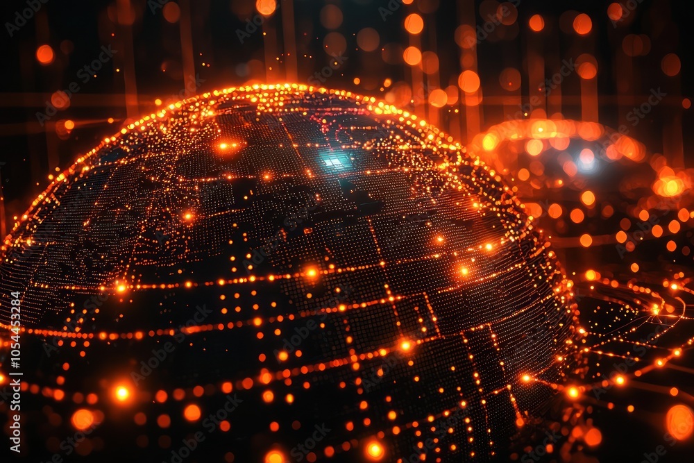 Aufkleber Glowing Sphere with Orange Lights and a Grid Pattern