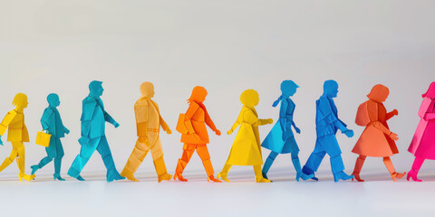 A line of multicolored paper figures represents people walking in various directions, symbolizing diversity and unity. The vibrant colors and simple design