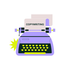 Typewriter with copywriting text on paper, flat vector illustration symbolizing content creation, writing services, and creative copy, isolated on white background