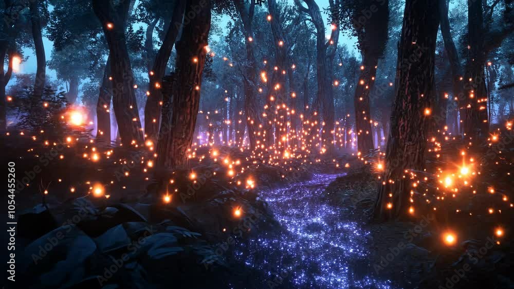 Poster a mystical forest path illuminated by glowing orbs, creating a magical atmosphere