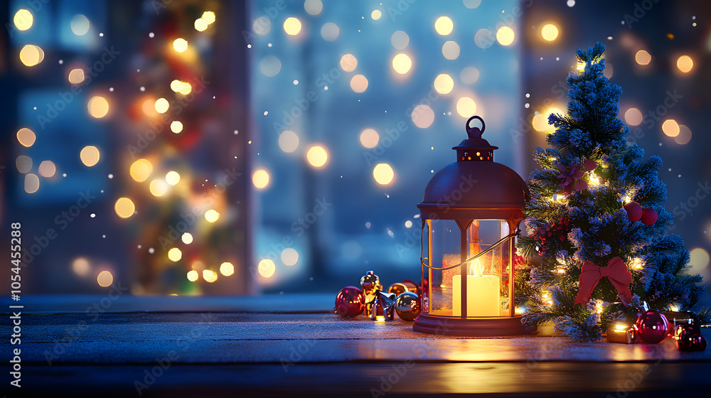 Aufkleber lantern and christmas tree glowing on table with decoration and string lights - bokeh and glittering