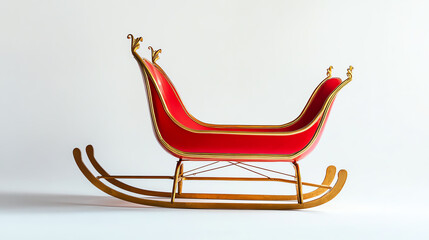 Photograph of an empty red sleigh with golden accents on a plain white backdrop, isolated