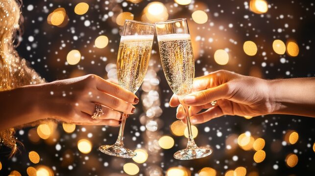 Two hands hold glasses of champagne, clinking them together in a toast. The glasses are filled with a golden liquid and have bubbles.