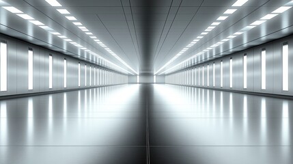 A long, straight, white, futuristic corridor with bright lights reflecting off the smooth floor.