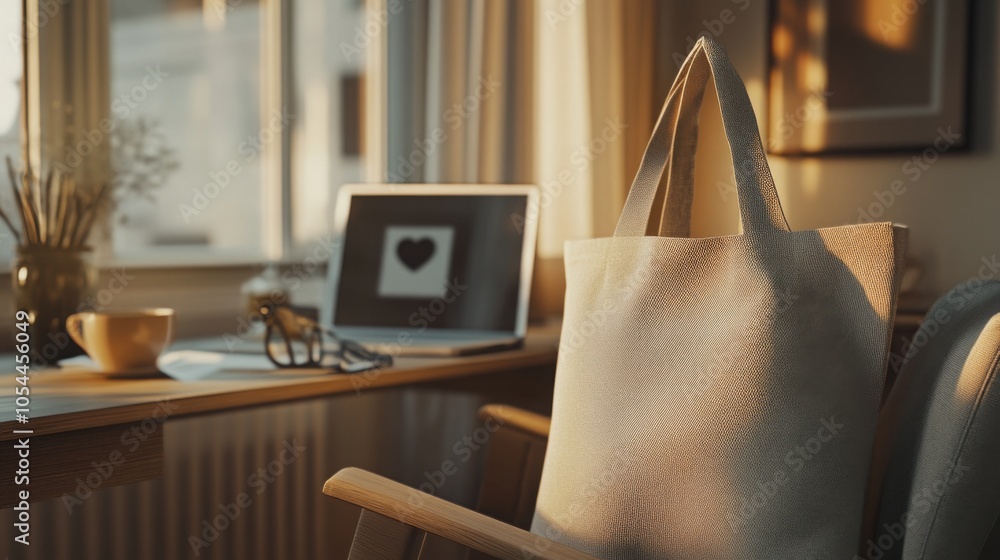 Poster a serene indoor workspace features a cozy atmosphere with warm sunlight streaming in. a cotton tote 