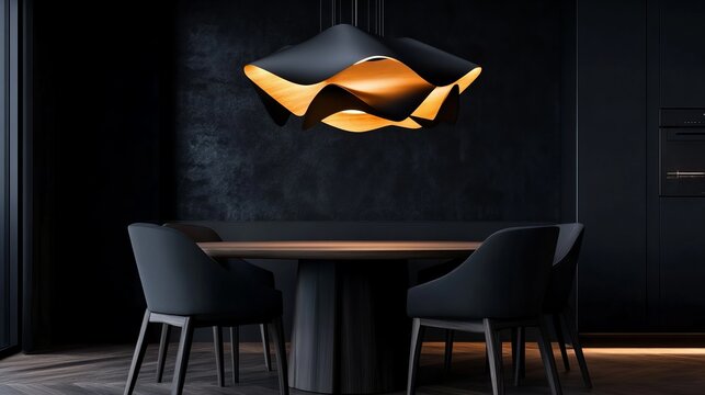 A modern dining room with a unique black and gold pendant light fixture hanging above a dark wood table and four black chairs.