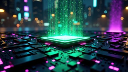 Close up of futuristic microchip with green circuits and pink lights	