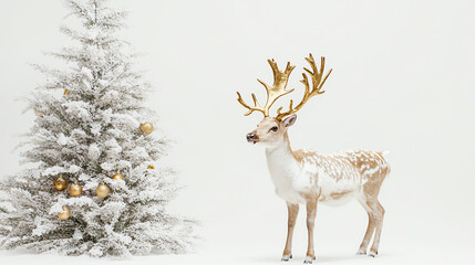 Reindeer with gold antlers, standing next to a decorated tree, isolated on white backdrop